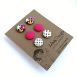 MINI textil fülbevaló csomag, 3 pár – Színes virágos, pink, fehér alapon pöttyös