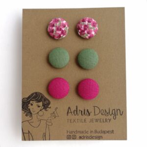 MINI textil fülbevaló csomag, 3 pár – Lila apró virágos, egyszínű hideg zöld és sötét pink