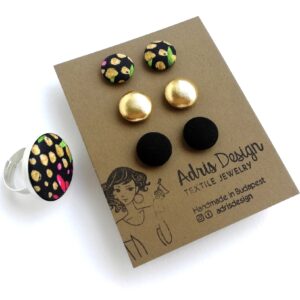 Vibráló színes festői, fekete, arany MINI textilfülbevaló csomag 3 pár + gyűrű ékszerszett